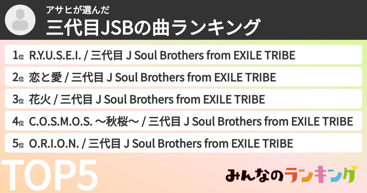 アサヒさんの「三代目JSBの曲ランキング」