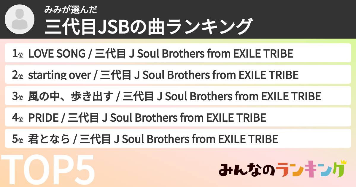 みみさんの「三代目JSBの曲ランキング」