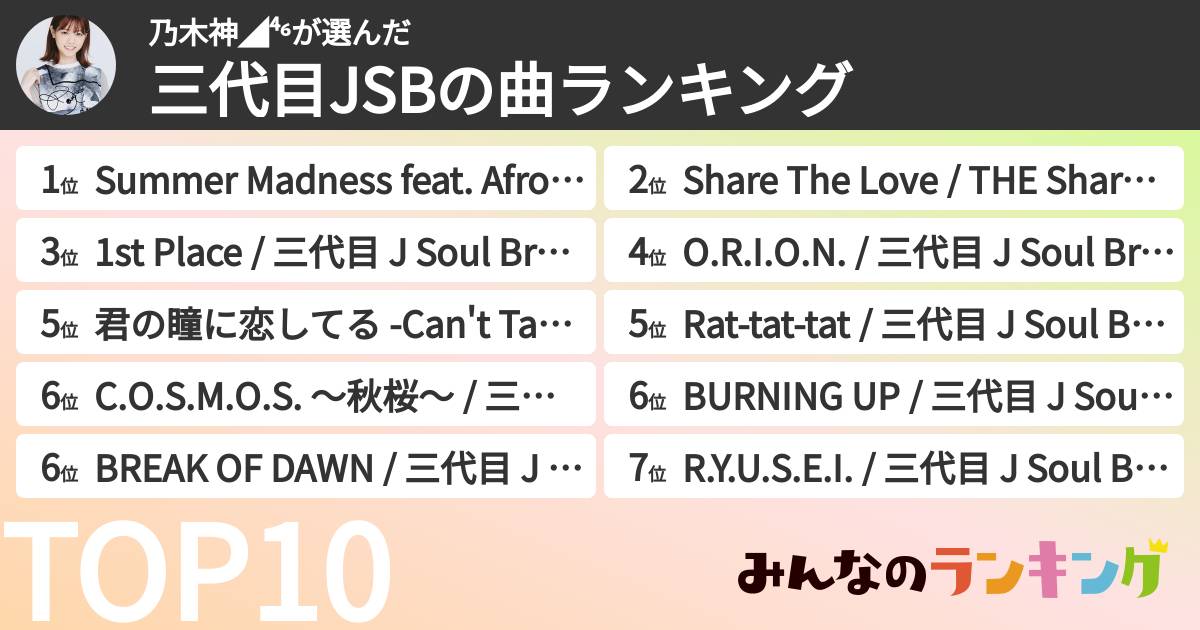 乃木神◢⁴⁶さんの「三代目JSBの曲ランキング」