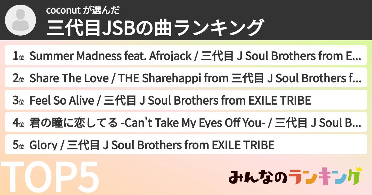 coconut さんの「三代目JSBの曲ランキング」