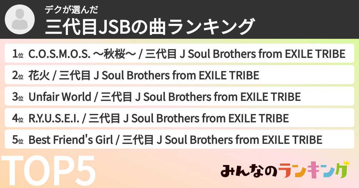 デクさんの「三代目JSBの曲ランキング」