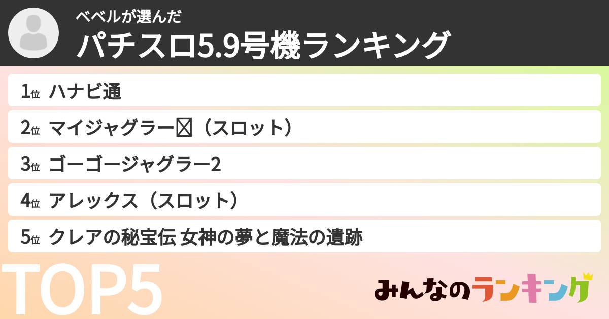ベベルさんの「パチスロ5.9号機ランキング」