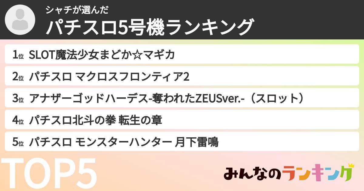シャチさんの「パチスロ5号機ランキング」