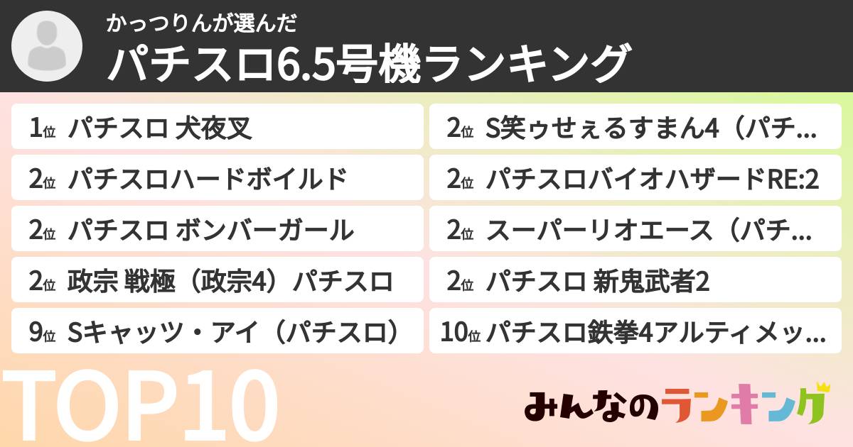 かっつりんさんの「パチスロ6.5号機ランキング」