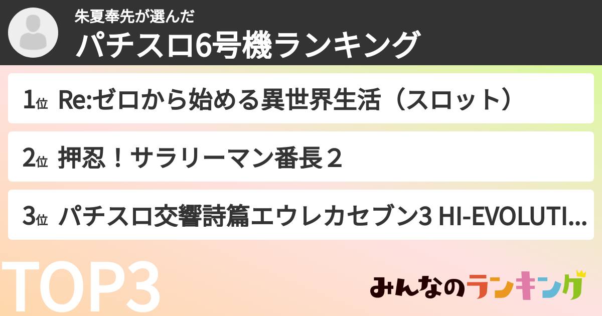 朱夏奉先さんの「パチスロ6号機ランキング」