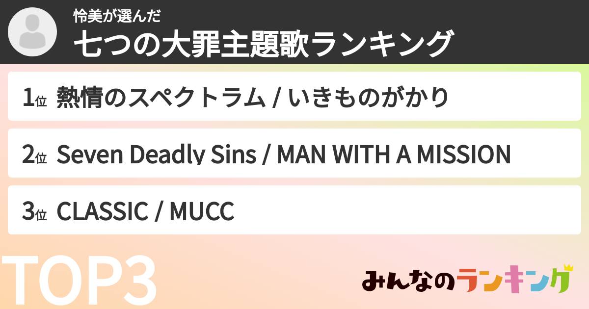 怜美さんの「七つの大罪主題歌ランキング」
