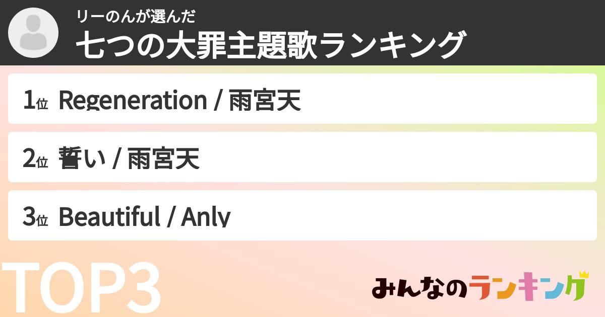 リーのんさんの「七つの大罪主題歌ランキング」