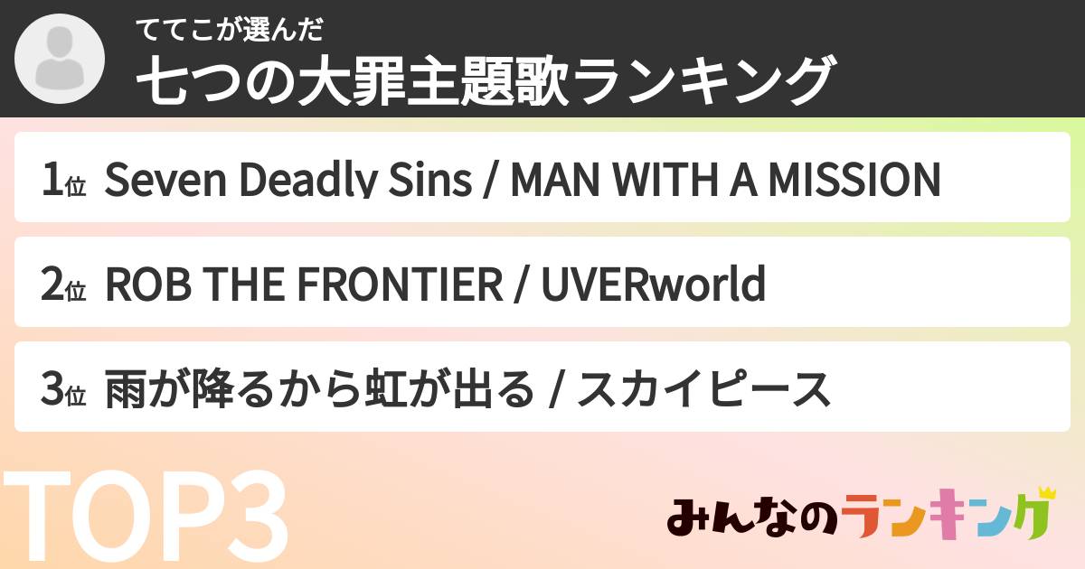 ててこさんの「七つの大罪主題歌ランキング」