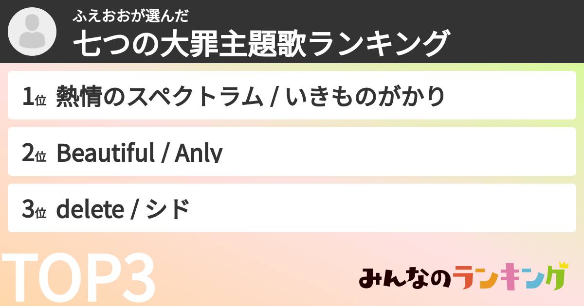 ふえおおさんの「七つの大罪主題歌ランキング」
