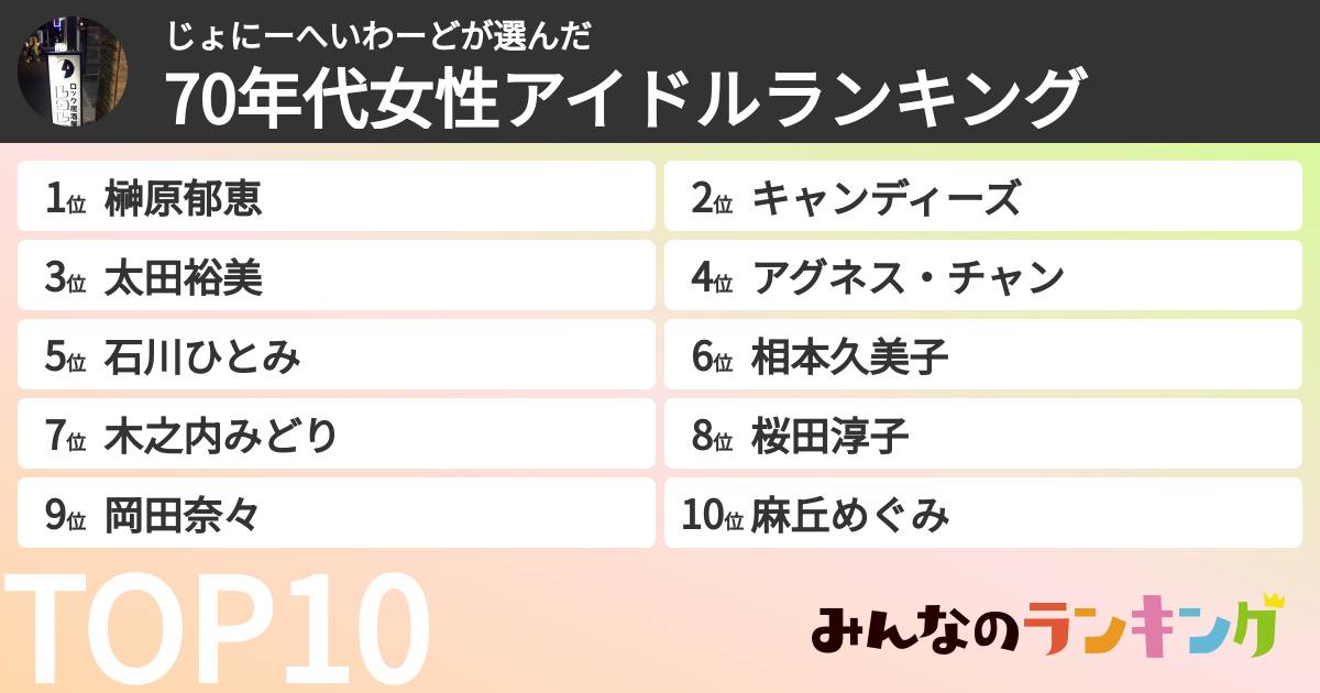 じょにーへいわーどさんの「70年代女性アイドルランキング」