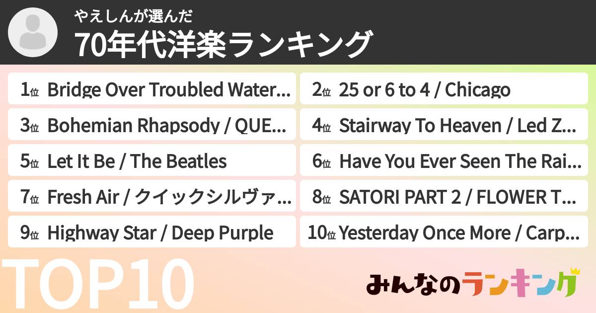 やえしんさんの「70年代洋楽ランキング」