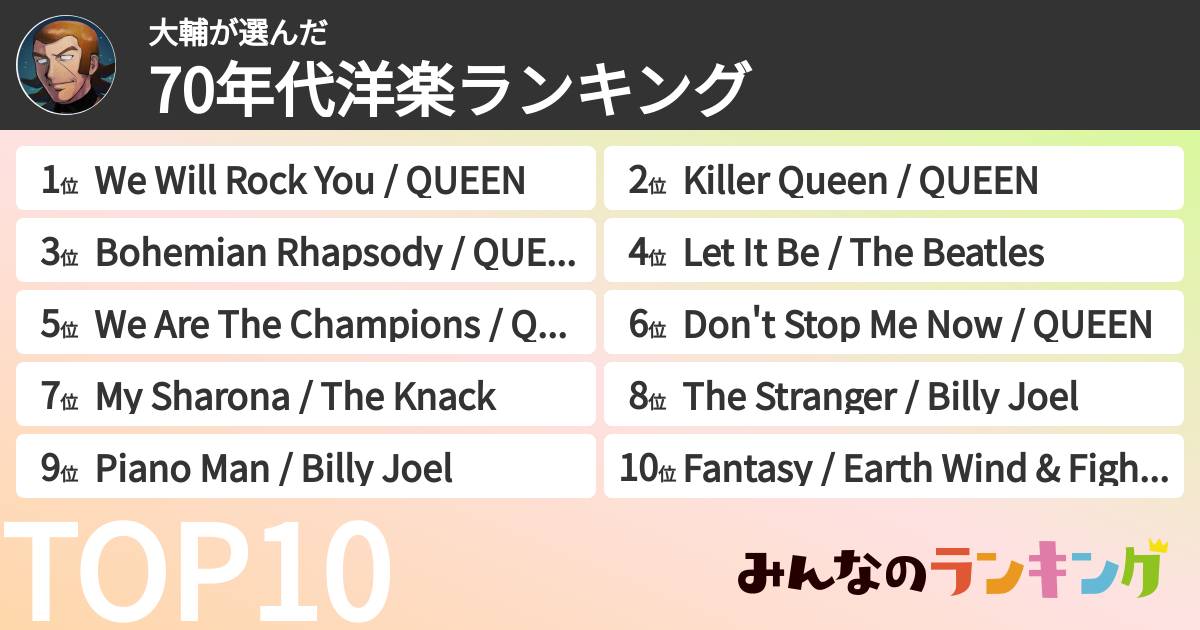 大輔さんの「70年代洋楽ランキング」