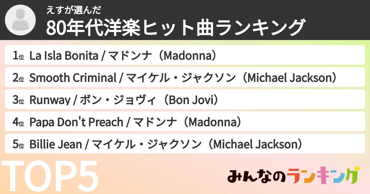 えすさんの「80年代洋楽ヒット曲ランキング」