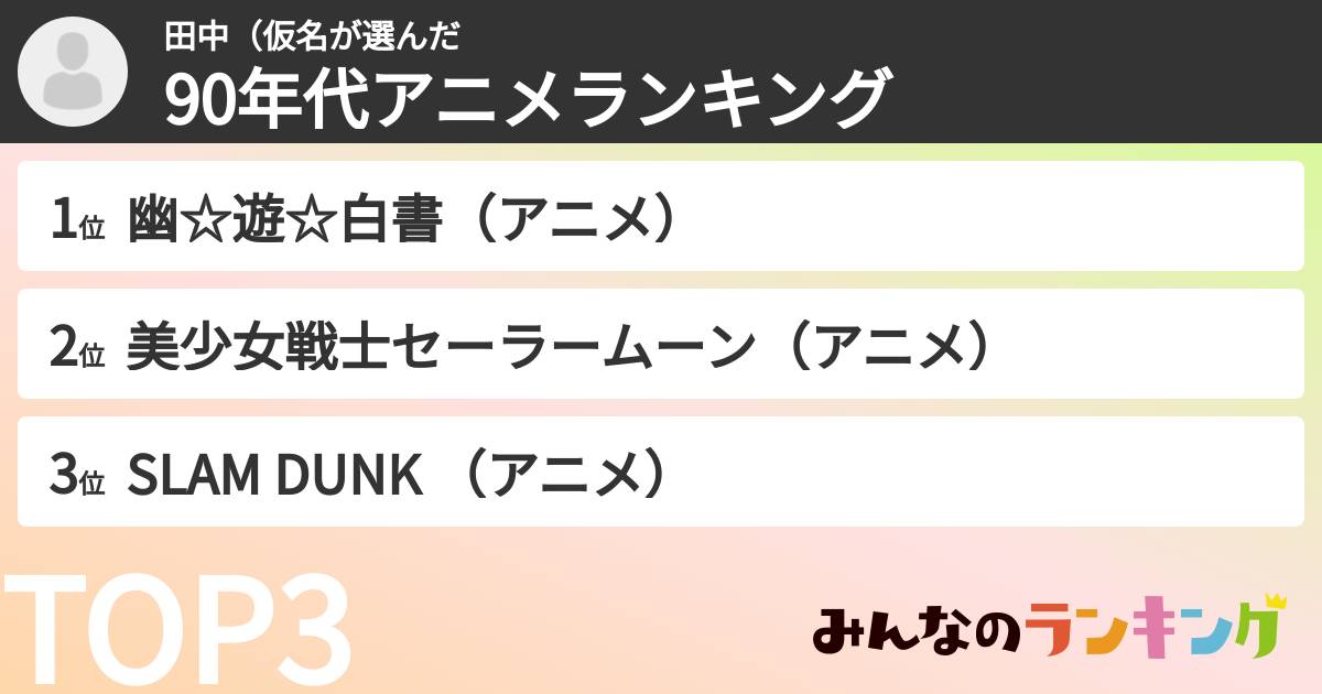 田中(仮名さんの「90年代アニメランキング」