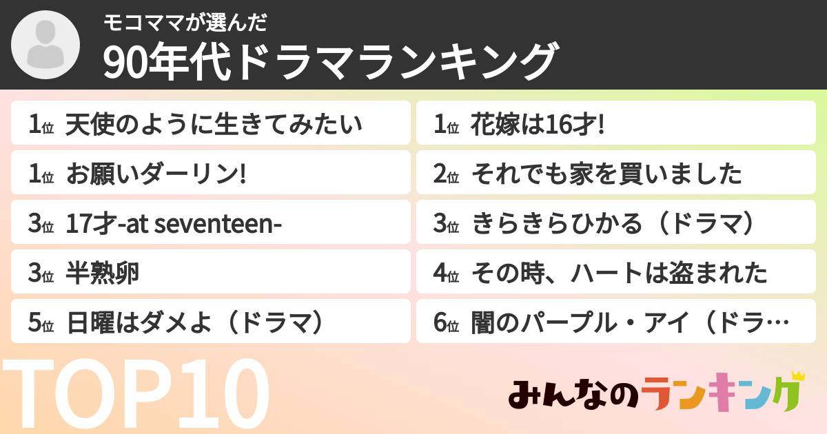 モコママさんの「90年代ドラマランキング」