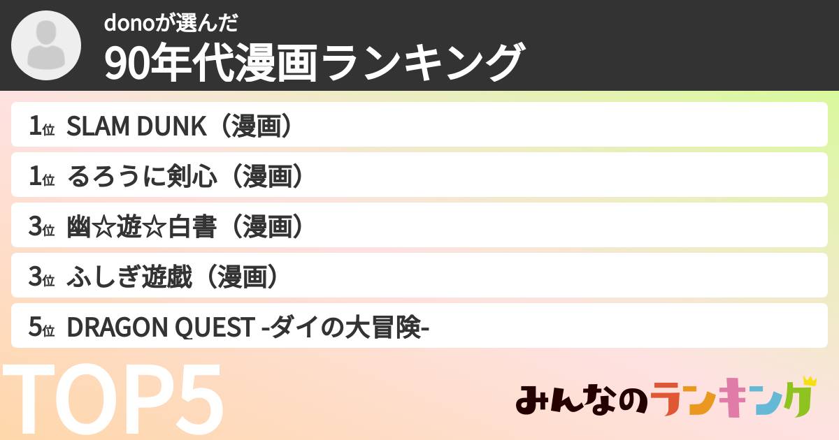 donoさんの「90年代漫画ランキング」