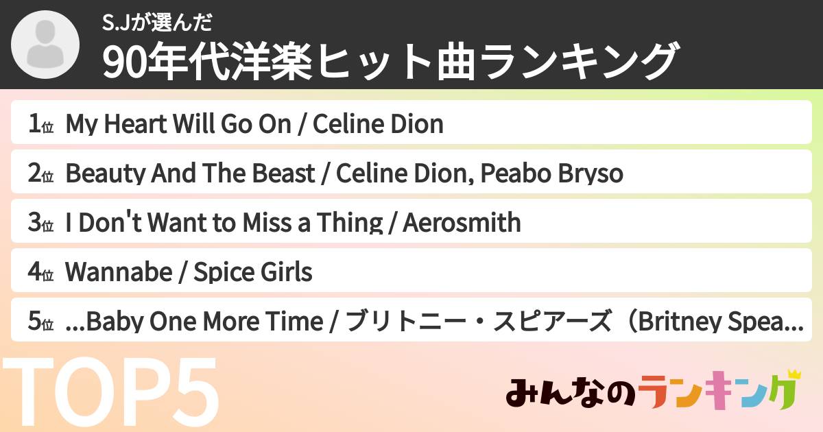 S.Jさんの「90年代洋楽ヒット曲ランキング」