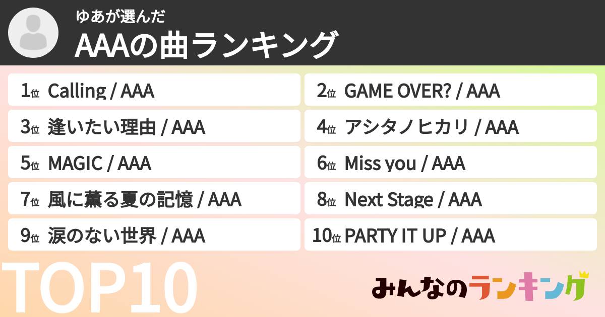 ゆあさんの「AAAの曲ランキング」
