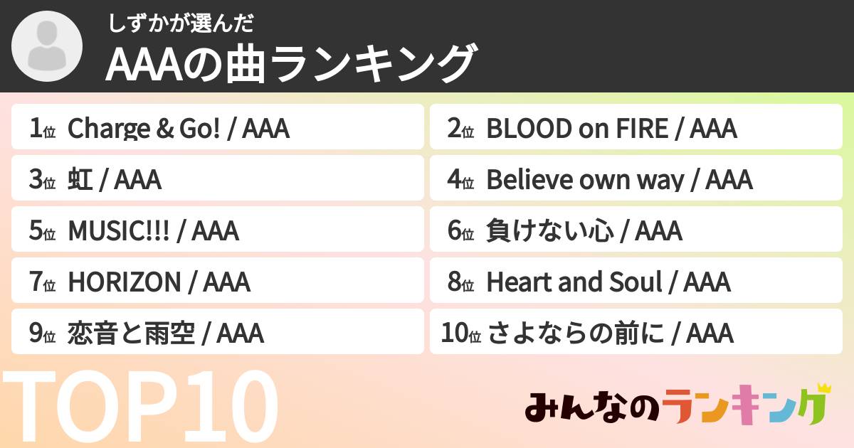 しずかさんの「AAAの曲ランキング」