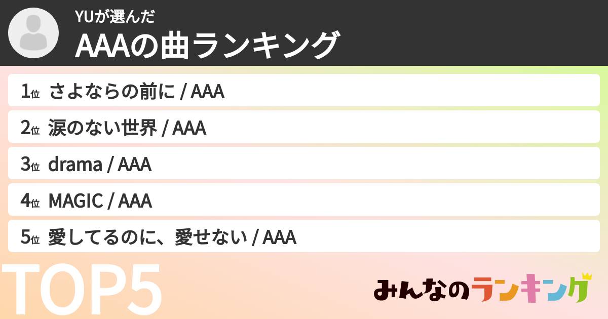 YUさんの「AAAの曲ランキング」