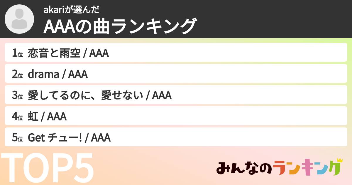 akariさんの「AAAの曲ランキング」