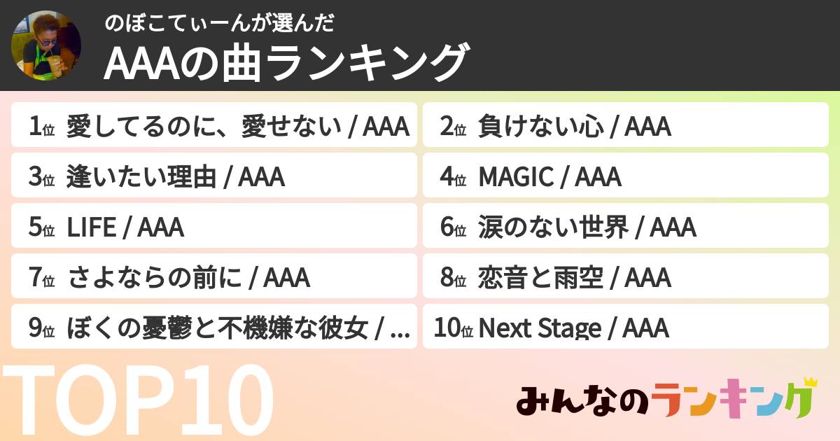 のぼこてぃーんさんの「AAAの曲ランキング」
