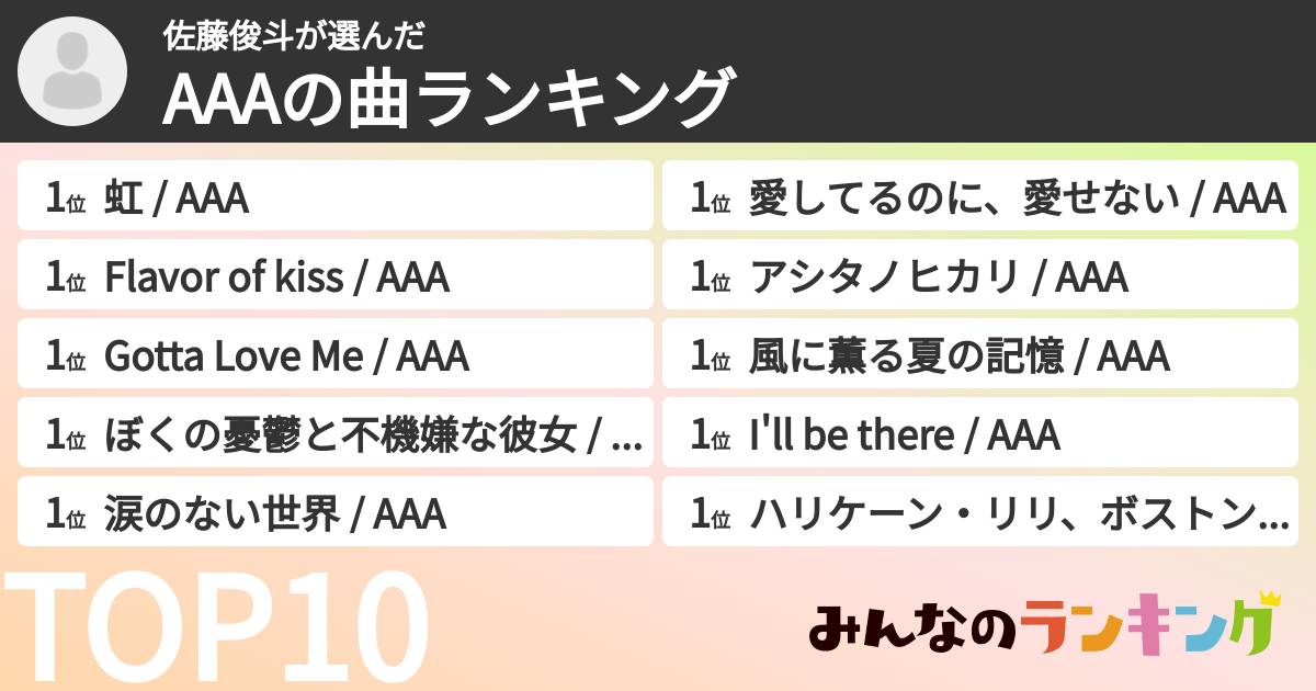佐藤俊斗さんの「AAAの曲ランキング」