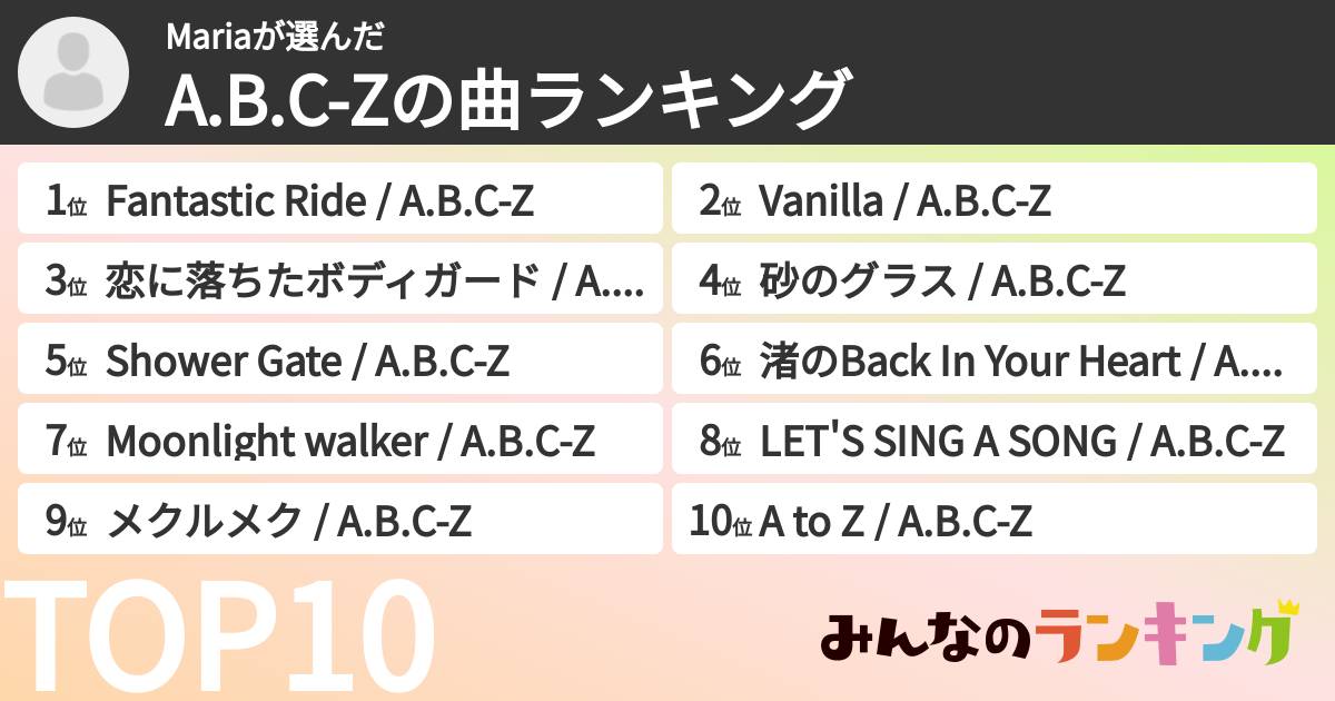 Mariaさんの「A.B.C-Zの曲ランキング」