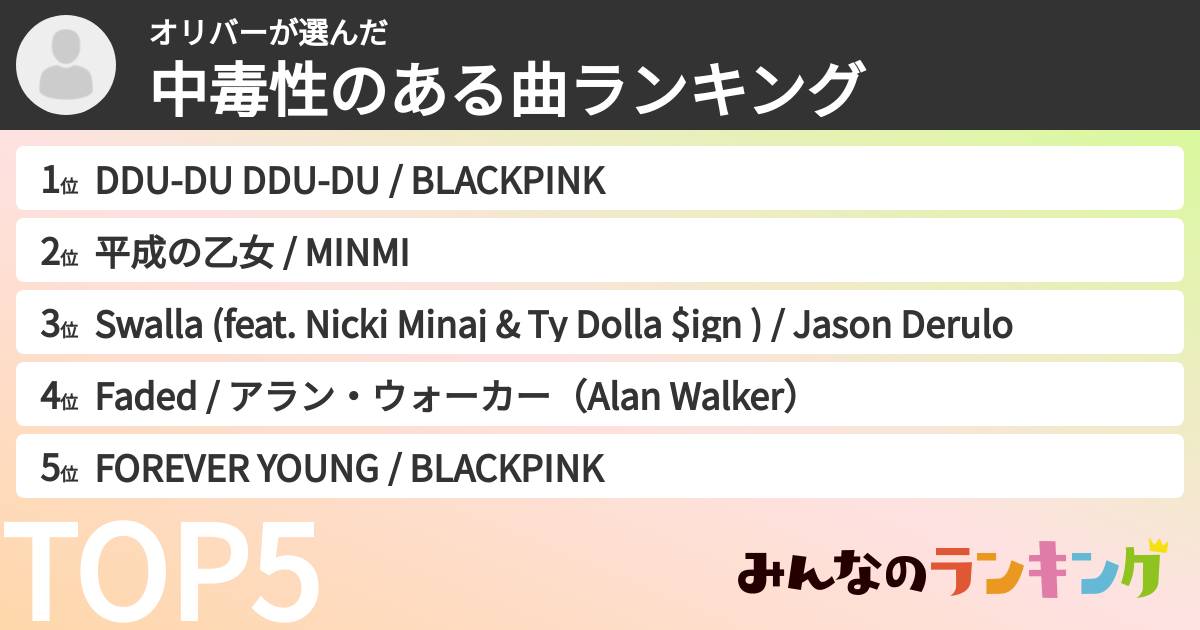 オリバーさんの「中毒性のある曲ランキング」