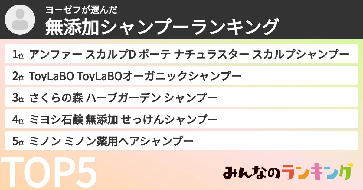 ヨーゼフさんの「無添加シャンプーランキング」