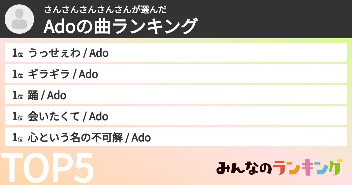 さんさんさんさんさんさんの「Adoの曲ランキング」
