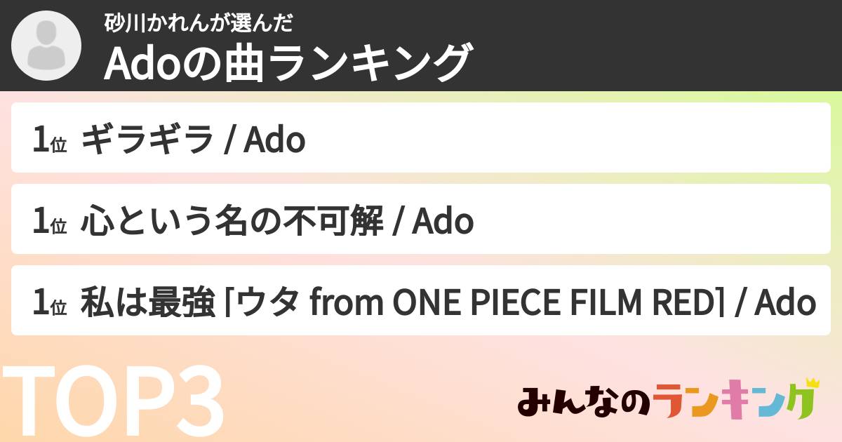 砂川かれんさんの「Adoの曲ランキング」