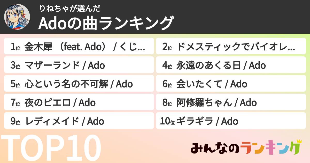 りねちゃさんの「Adoの曲ランキング」