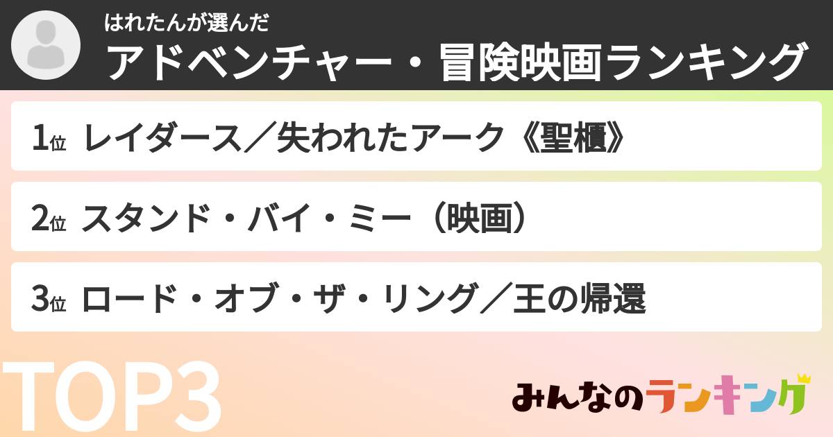 はれたんさんの「アドベンチャー・冒険映画ランキング」