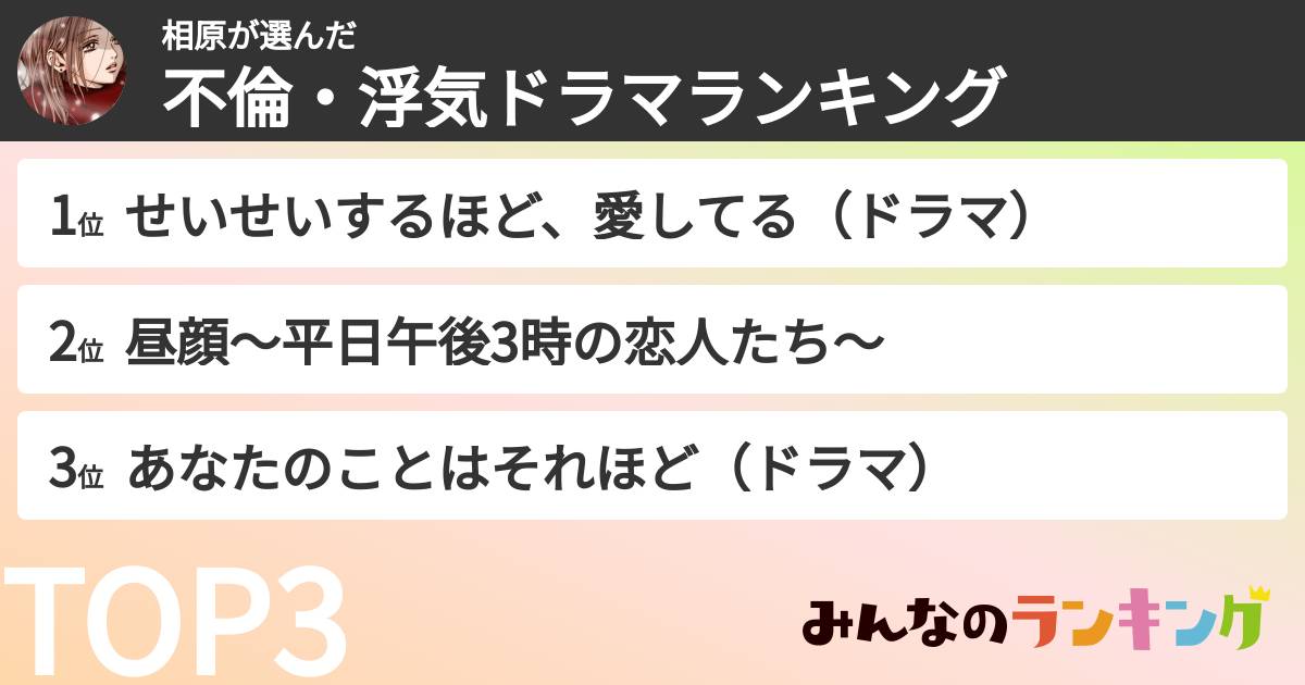 相原さんの「不倫・浮気ドラマランキング」