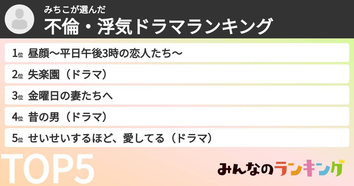 みちこさんの「不倫・浮気ドラマランキング」