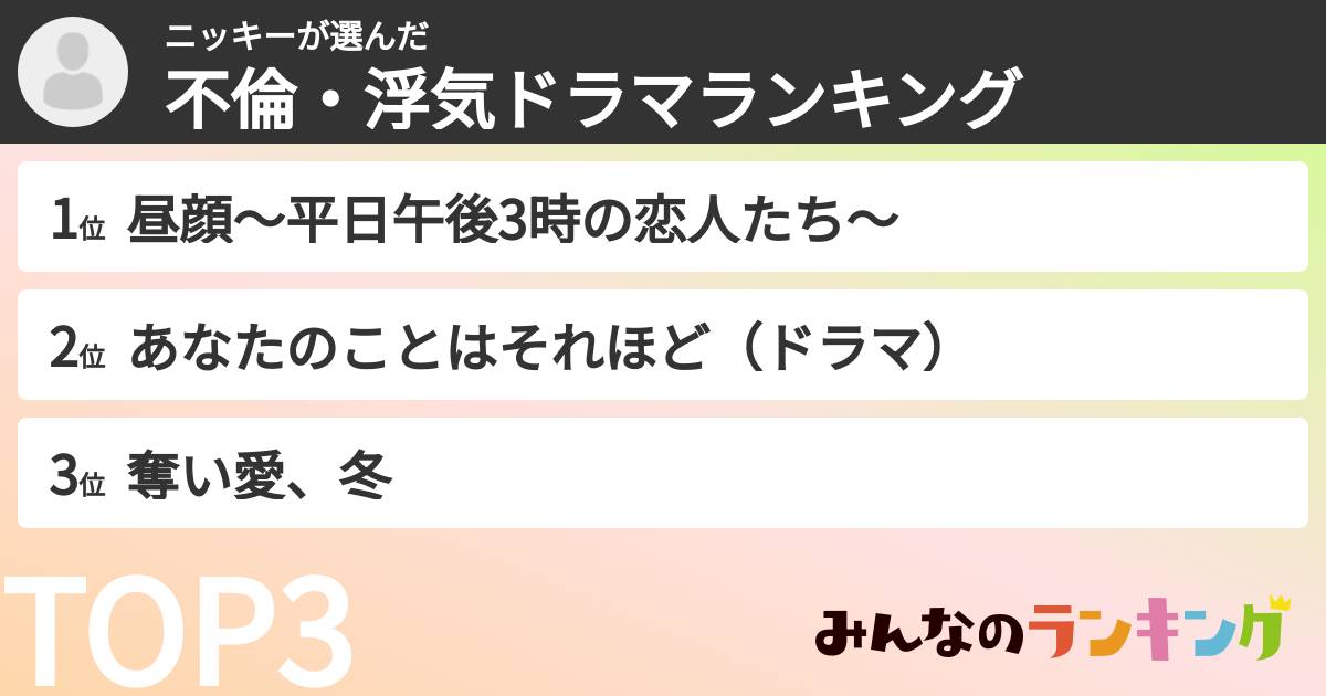 ニッキーさんの「不倫・浮気ドラマランキング」