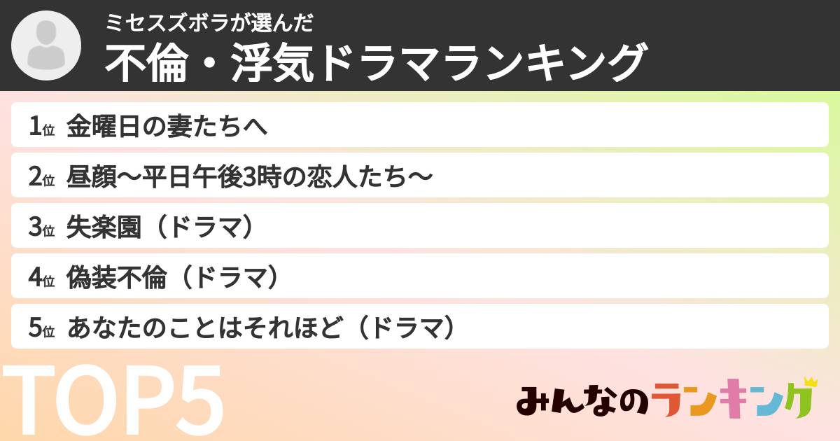 ミセスズボラさんの「不倫・浮気ドラマランキング」