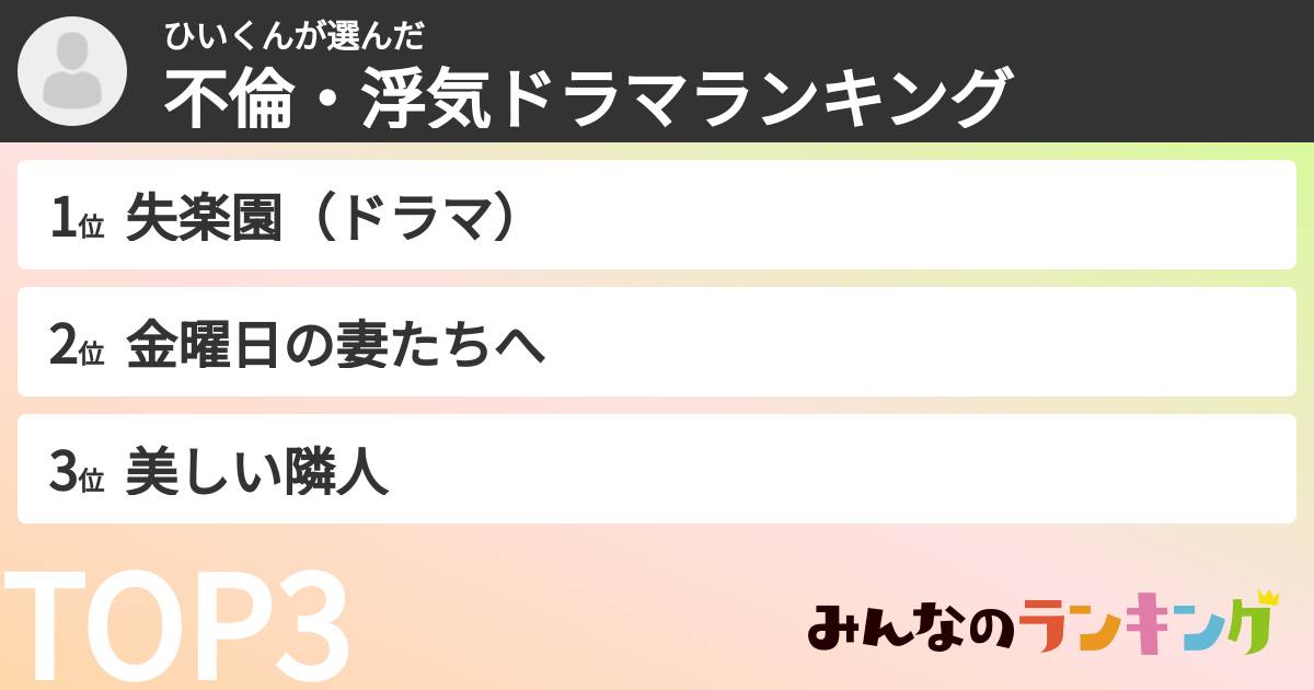 ひいくんさんの「不倫・浮気ドラマランキング」