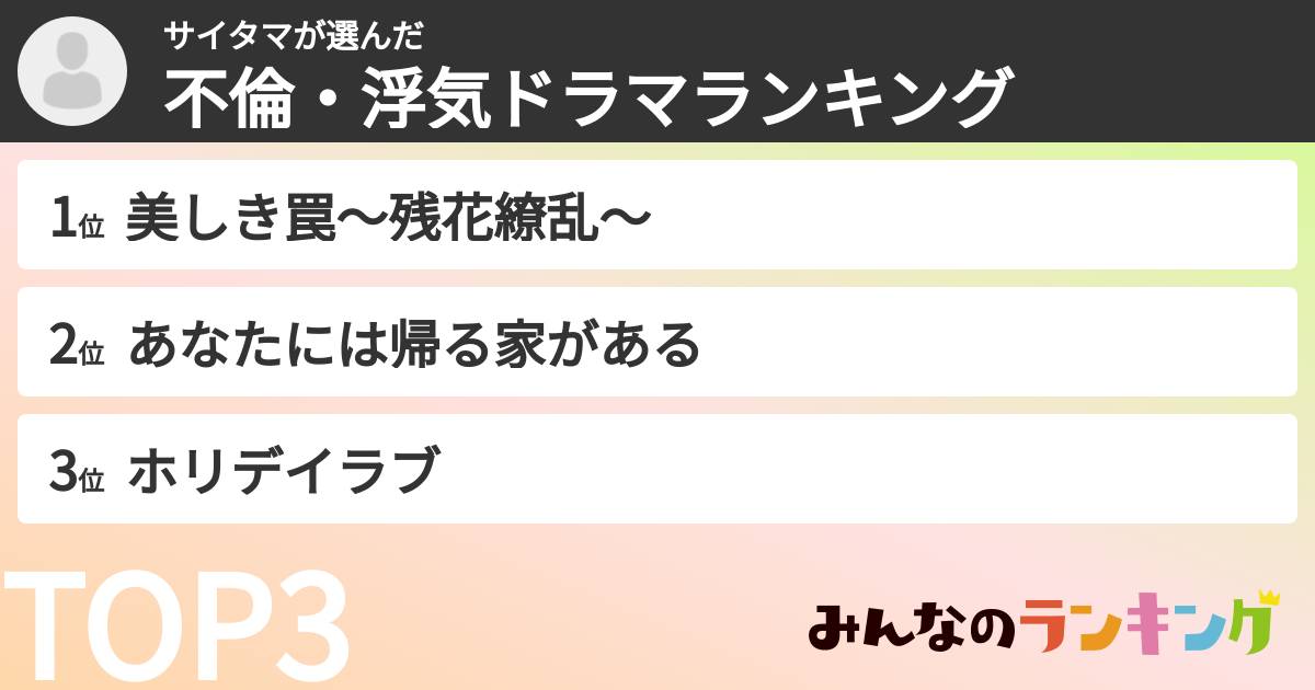 サイタマさんの「不倫・浮気ドラマランキング」