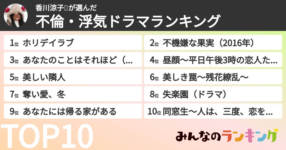 香川涼子❄️さんの「不倫・浮気ドラマランキング」