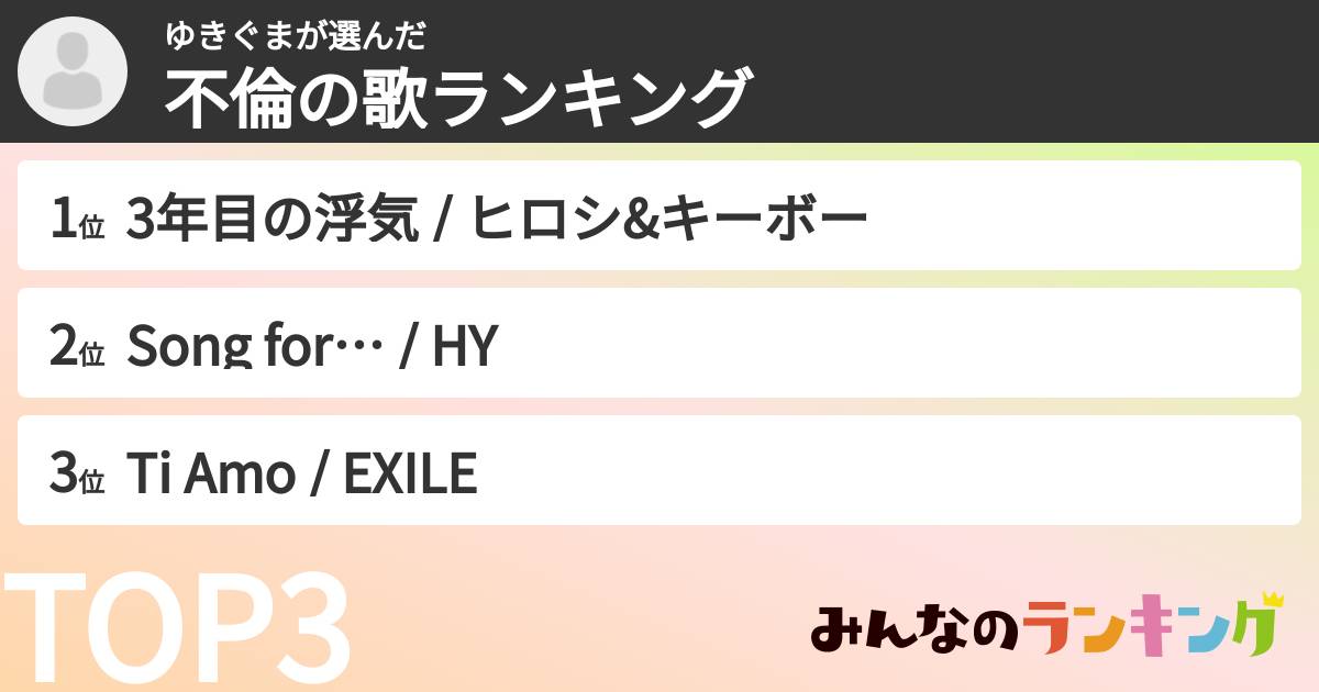 ゆきぐまさんの「不倫の歌ランキング」