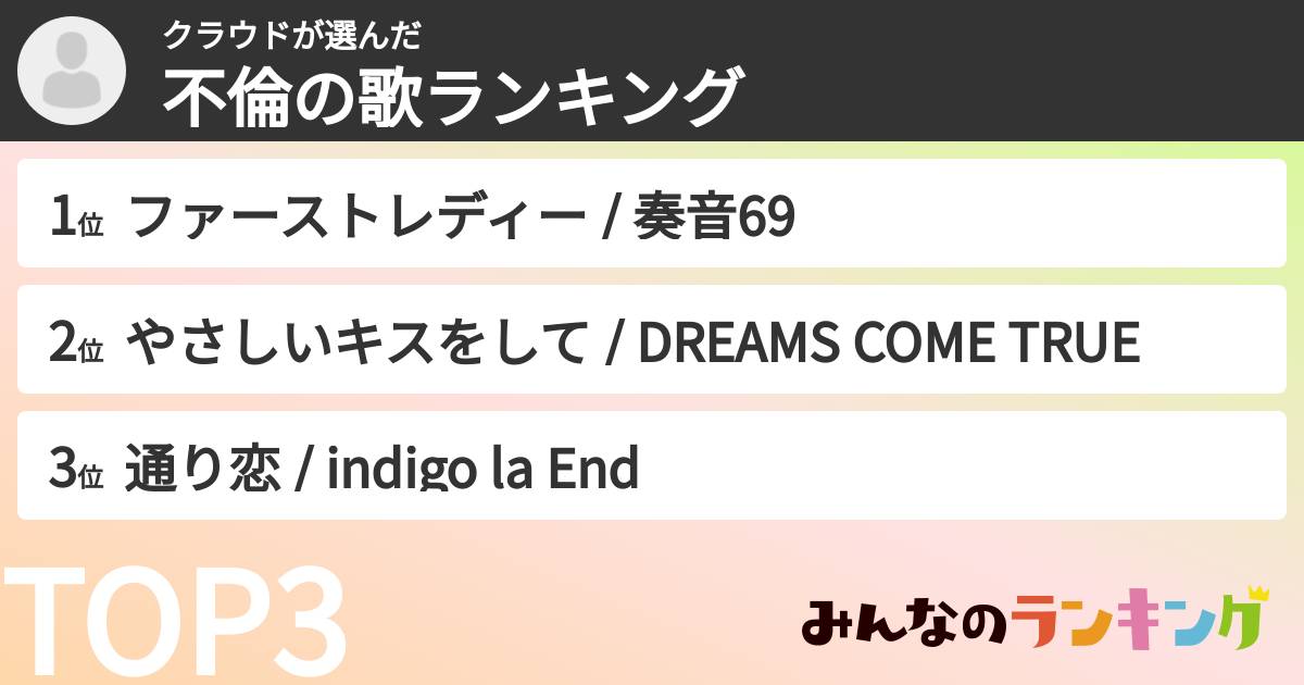 クラウドさんの「不倫の歌ランキング」