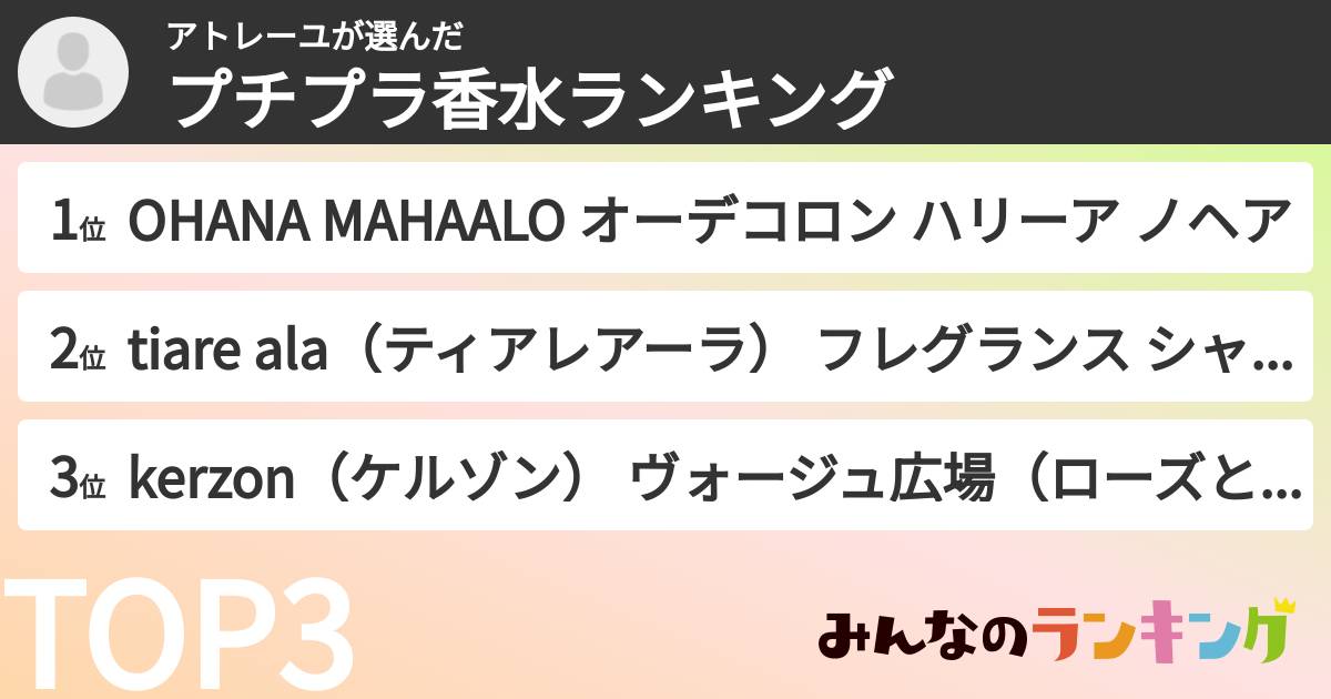 アトレーユさんの「プチプラ香水ランキング」