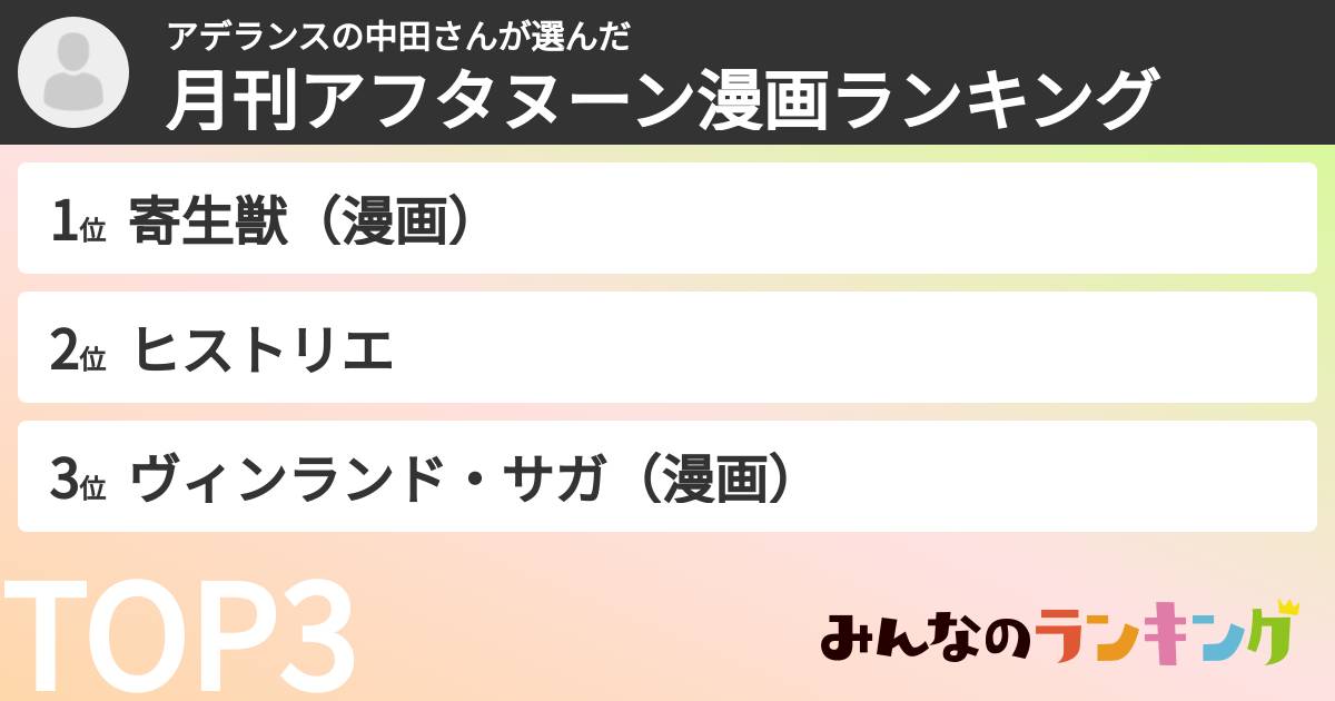 アデランスの中田さんさんの「月刊アフタヌーン漫画ランキング」