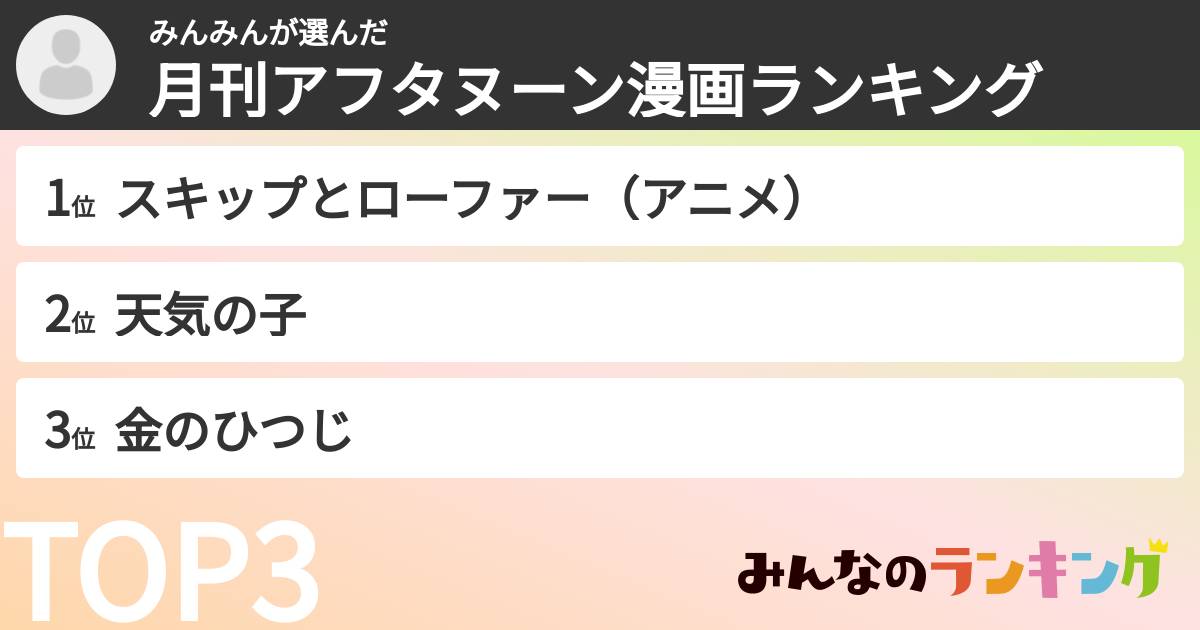みんみんさんの「月刊アフタヌーン漫画ランキング」