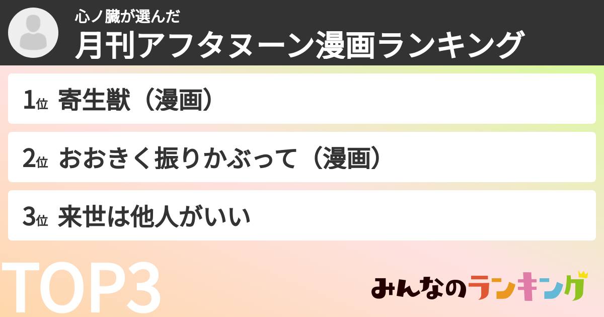 心ノ臓さんの「月刊アフタヌーン漫画ランキング」
