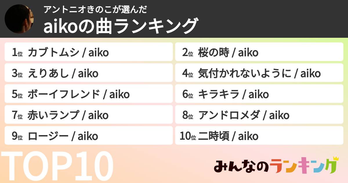 アントニオきのこさんの「aikoの曲ランキング」