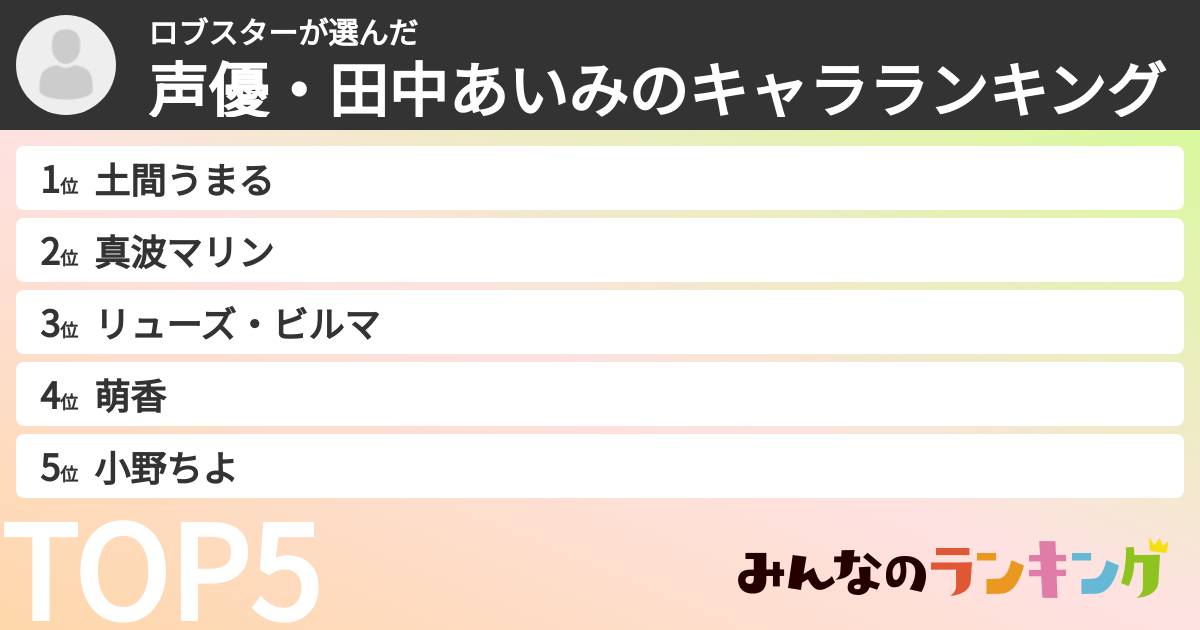 ロブスターさんの「声優・田中あいみのキャラランキング」