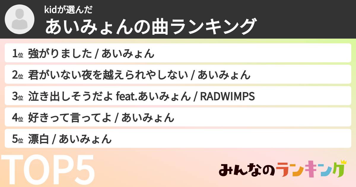 kidさんの「あいみょんの曲ランキング」